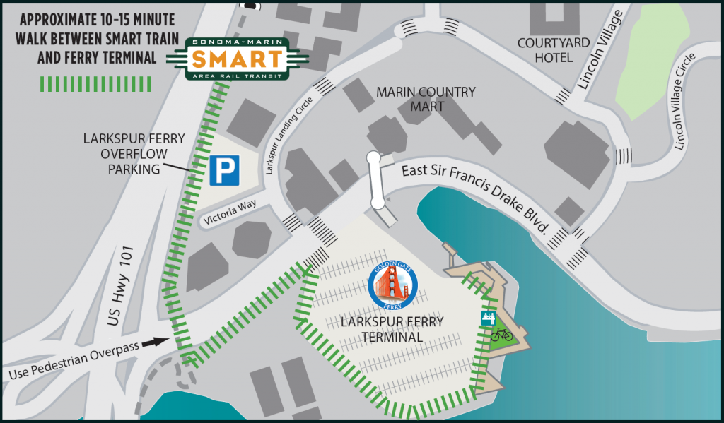 Sonoma-Marin Area Rail Transit train station to Larkspur ferry terminal walking map