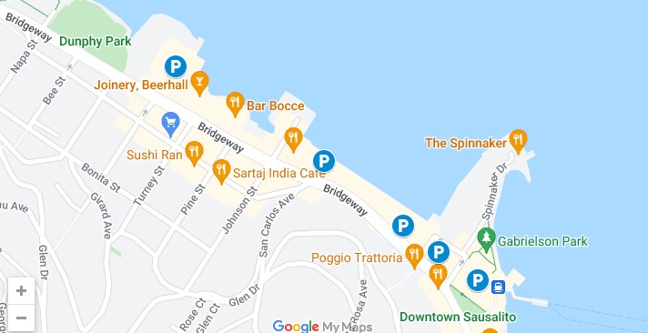 Map of downtown Sausalito public parking lots near the Sausalito Ferry