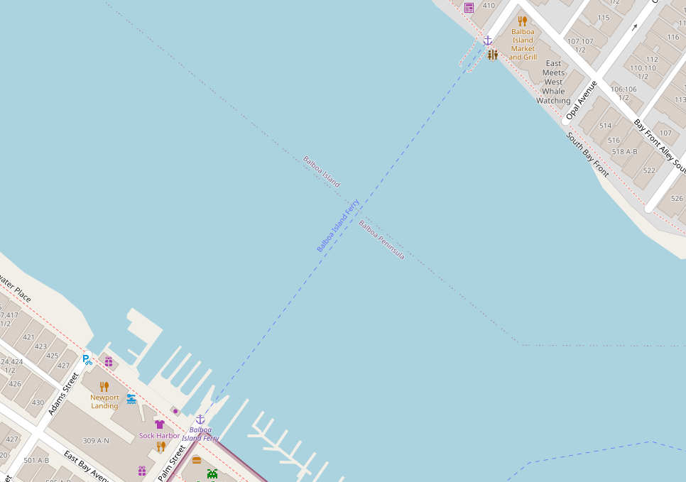 A map of the Balboa Island Ferry route