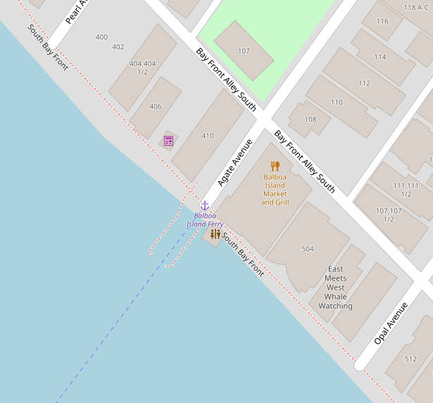A map of the Balboa Island Ferry Landing on Balboa Island in Newport Beach, California.