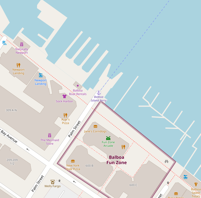 A map of the location of the Balboa Island Ferry Terminal on the Balboa Peninsula in Newport Beach, California.