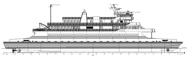 A draft of the new design for the new Cape May-Lewes ferry vessel. The design shows a side view of the new ferry and is depicted in a blueprint illustration style.